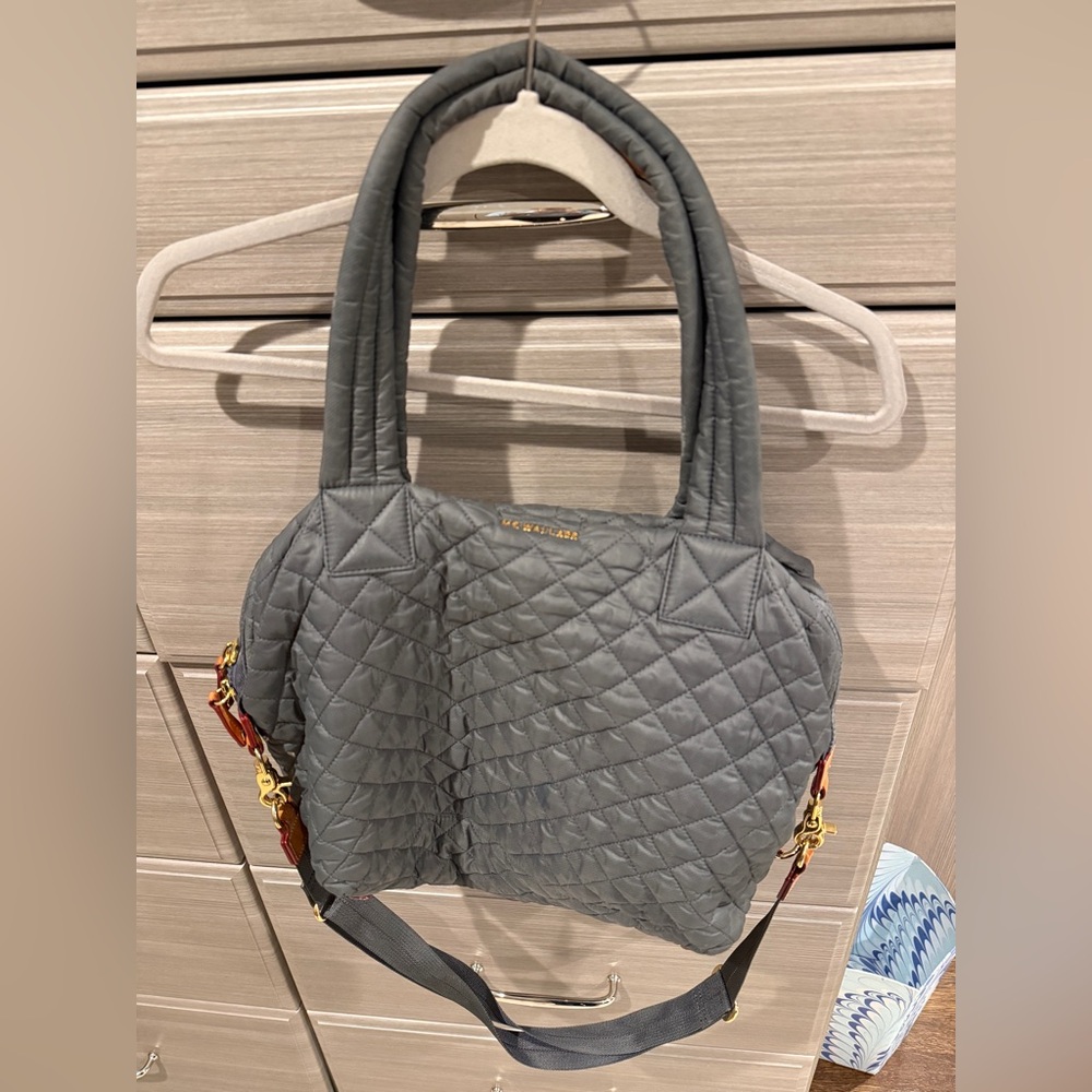 MZ Wallace Dark Grey Nylon Bag with Gold Details and cross body strap